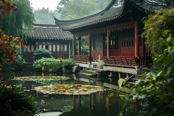 Traditional chinese architecture is reflecting on the calm water of a pond decorated with water lilies in a peaceful garden