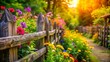 © Adisorn - Rustic Wooden Garden Fence with Lush Greenery and Blooming Flowers - Stock Photo