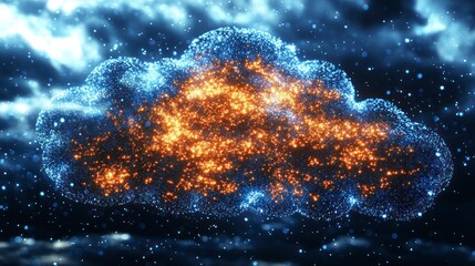 Poster - Glowing cloud, digital data, network, fiery particles.