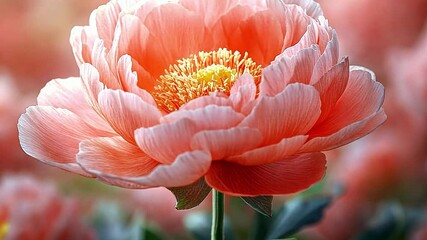 Poster - Soft petals of a pink peony bloom surrounded by lush greenery, showcasing intricate details. The scene captures the essence of spring with warm sunlight illuminating the flower's vibrant colors.