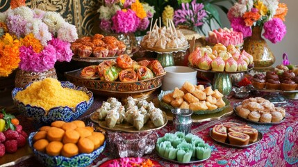 Abundant colorful sweets, pastries, and flowers arranged on ornate table for celebration.