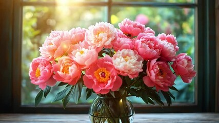 Aufkleber - A vibrant bouquet of pink peonies stands elegantly on a wooden table near a window. The setting captures a festive atmosphere, perfect for a holiday celebration with uplifting floral beauty.