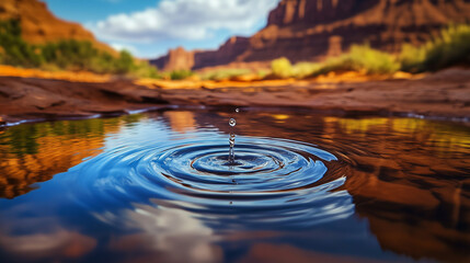 Water ripple forms in a tiny desert spring under the bright sky surrounded by red rock formations