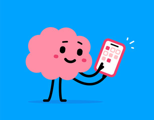 flat doodle style design of cute happy brain character using smart phone on blue color background. v