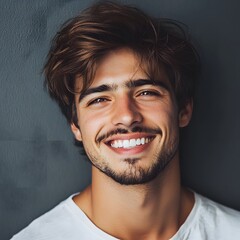 Wall Mural - Smiling young man isolated on gray wall