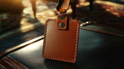 A brown leather luggage tag with vintage charm dangles from a suitcase in the warm summer sunset, evoking timeless travel memories.