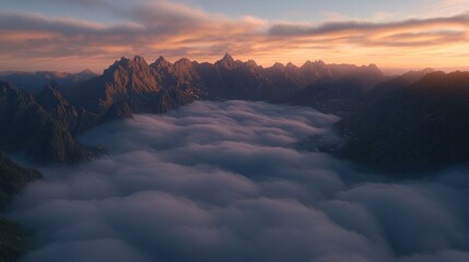 Poster - Misty mountain range at sunrise.