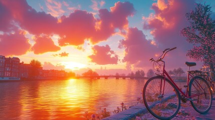 Poster - Vibrant sunset over canal with bicycles.