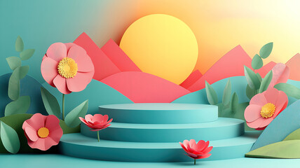 Wall Mural - product banner with geometric podium platform and nature background in 3d paper illustration