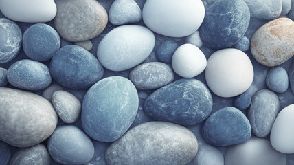 Aufkleber - A collection of blue and white rocks in a body of water. The blue rocks are scattered throughout the water, with some larger and some smaller. The white rocks are also present