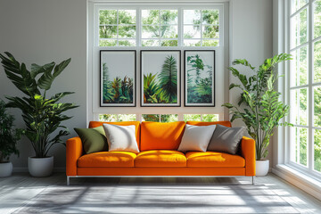 Poster - A living room with a large orange couch and three paintings on the wall. The paintings are of trees and the room is filled with greenery. The mood of the room is calm and peaceful