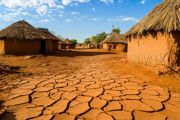 Expansive views of a deserted village in Africa showcasing dry cracked earth and traditional huts under a blue sky