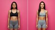 © gn8 - Transformation journey of a young hispanic female: fitness and strength progress against a vibrant pink backdrop