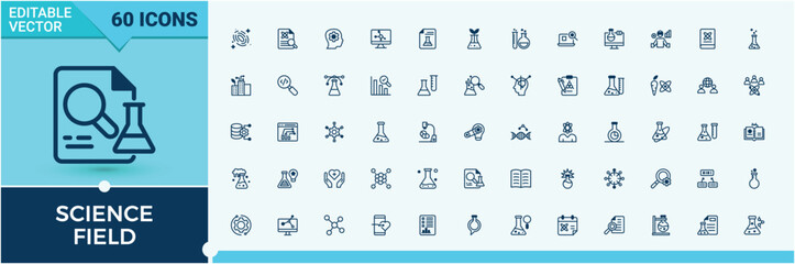 Wall Mural - science field icon collection. includes icons for bio, reaction, discovery, flask, medical, atom and