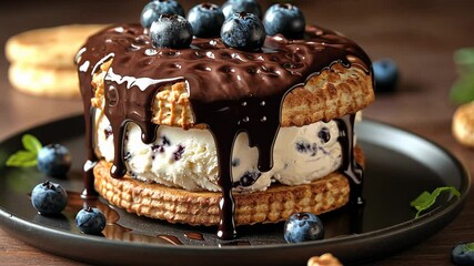 Wall Mural - Delicious blueberry ice cream sandwich with chocolate sauce