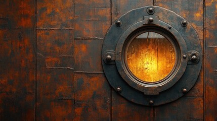 Sticker - Round porthole in a rusty metal door with light inside.