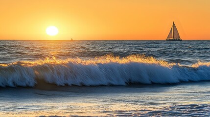 Wall Mural - calm ocean view with soft waves and a sailboat in the distance under a golden sunset