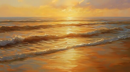 Wall Mural - golden sunset over a calm ocean with soft waves and a reflection of warm hues on the water