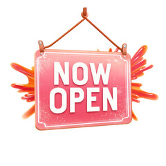 Aufkleber - A pink hanging sign with the words Now Open, surrounded by vibrant orange paint splashes, announces a new business opening.
