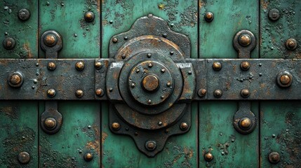 Sticker - Rusty metal lock on green door.