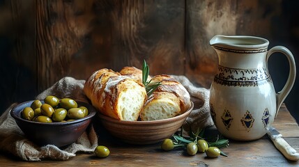 Rustic table set with freshly baked bread, a bowl of olives and a ceramic jug of water