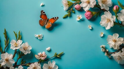 Sticker - butterfly and flowers on blue background