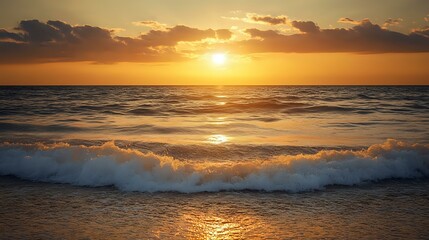 Wall Mural - scenic view of a calm ocean with soft waves and a golden horizon at sunset