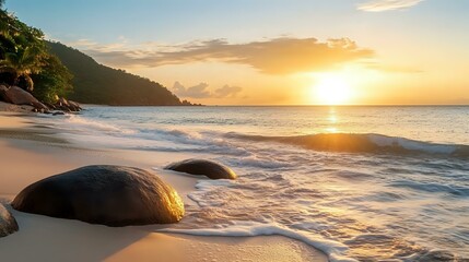 Wall Mural - serene beachside view with smooth rocks and gentle waves under a golden sunrise