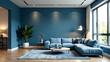 © SR PICS - A modern living room bathed in blue tones, showcasing minimalist furnishings and decor. The spacious design includes plenty of copy space for customization. new image