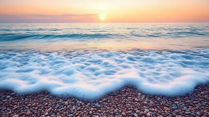 Wall Mural - tranquil beach scene with soft waves washing over smooth pebbles under a pastel sunset