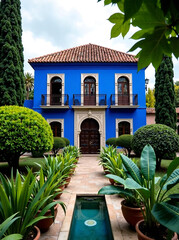 Majestic blue house amidst lush greenery in Marrakech's Majorelle Garden, with ornate architectural details, on a serene cloudy day, evoking serenity and tranquility. new image