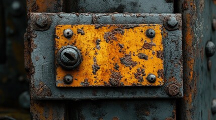 Sticker - Rusty yellow plate on weathered metal surface.