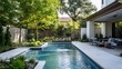 © Stock Source Studio - Outdoor space design featuring pool modern patio furniture lush landscaping perfect for summer gatherings