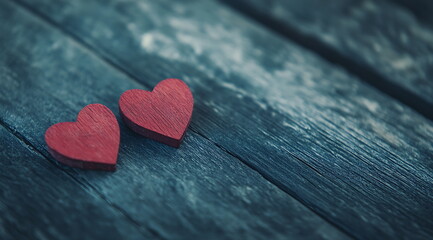 Two red wooden hearts on an old wooden surface