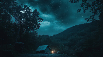 green camping tent in forest wilderness nature under starry night sky. dark evening landscape, tree 