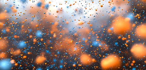 Orange and blue particles float in the air, creating a sense of movement, isolated against a transparent background.