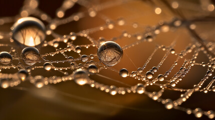 Close-up of dewdrops on a spiderweb in golden morning light, intricate details