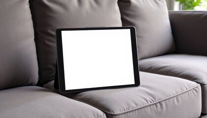 Fototapete - Realistic tablet mockup on plush couch, tablet at angle for clarity, no other objects or people