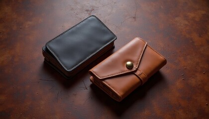 Fototapete - Leather business card mockup displayed on a smooth leather background, with focus on the card's texture and design