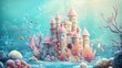 © Khaligo - Pink fantasy castle standing on the ocean floor with tropical fish swimming around