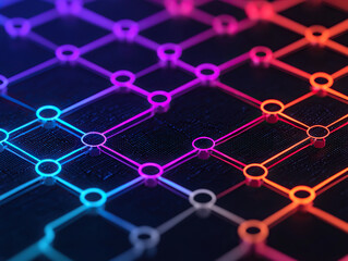 glowing network grid with interconnected nodes and vibrant neon colors, symbolizing digital connecti