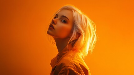 Wall Mural - Woman with blonde hair and a yellow shirt is standing in front of a bright orange background. The image has a warm and inviting mood, with the bright colors of the woman's outfit