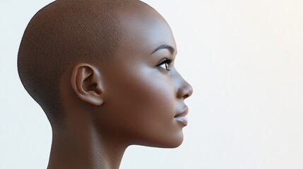 Wall Mural - Woman with a shaved head and a dark face. The woman is looking at the camera. The image has a mood of confidence and strength