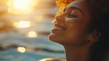 Wall Mural - Woman is smiling and looking at the camera while sitting in a pool. Concept of relaxation and happiness