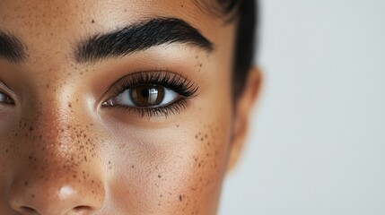 Wall Mural - Woman with dark brown eyes and a light brown nose. She has a light brown eyebrow