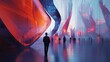 © Stock Hub - A detailed AI-controlled public art installation in a smart city that shifts shapes and colors dynamically, a phone showcasing global art trends.