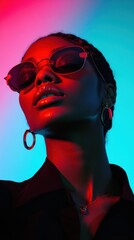 Poster - High-fashion portrait featuring a striking model against a vibrant color backdrop in a modern studio setting