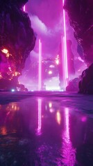 Poster - Vibrant cosmic landscape with glowing pillars reflecting on tranquil water at dusk