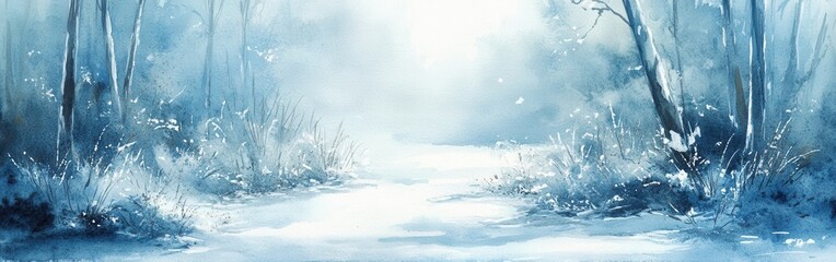 Aufkleber - Soft wintery watercolor background blending serene blues and whites in a tranquil landscape