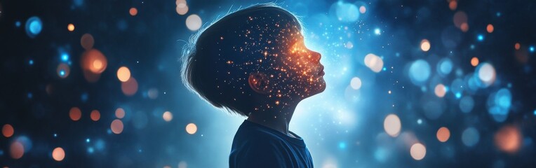 Poster - Child glowing with light and wonder during a magical encounter in a serene environment at nighttime